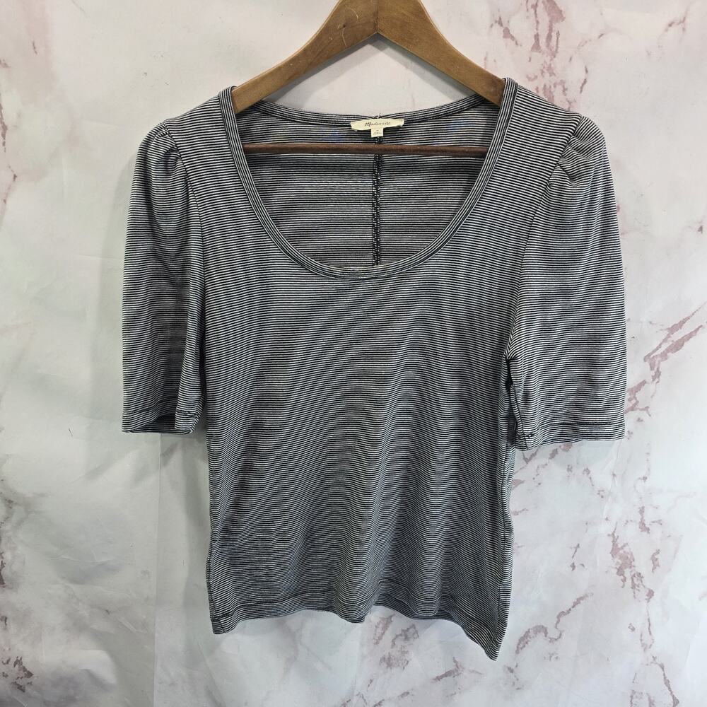 Madewell T Shirt Womens Medium Black White Stripe Short Sleeve Tee Puff Crop